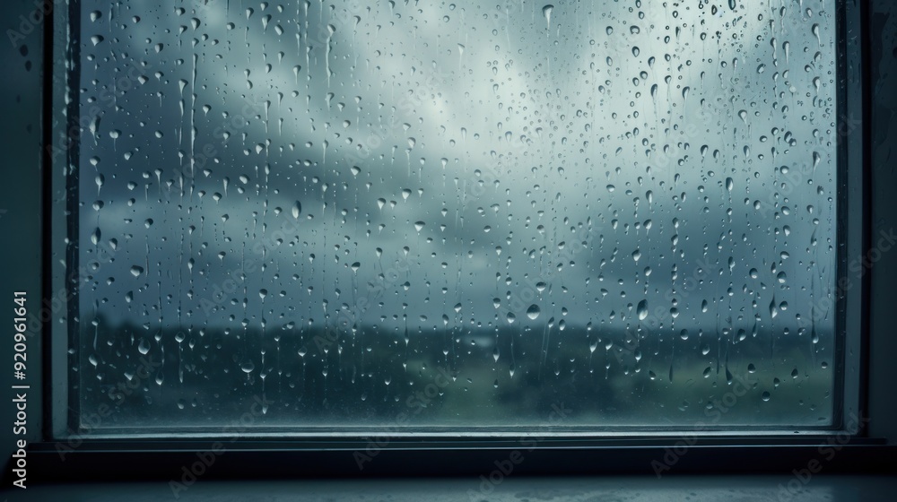 Poster raindrops on a window pane with a blurred view of a cloudy sky and green grass in the background.