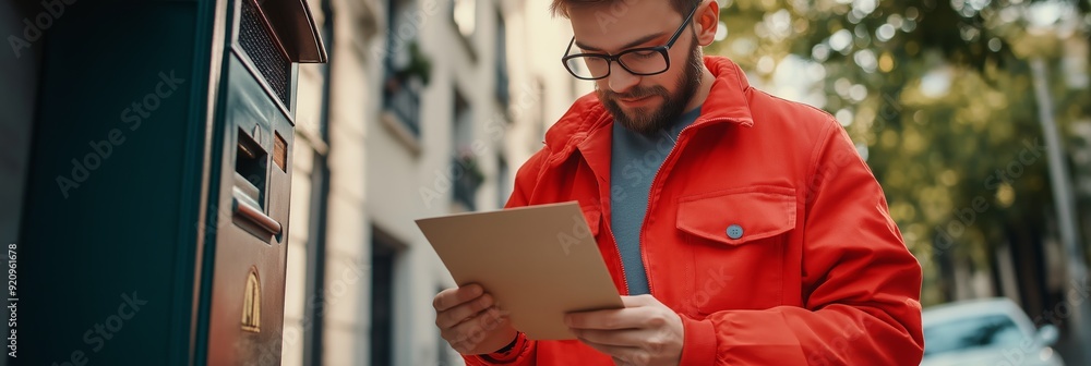 Poster a man in a red jacket is reading a piece of paper at a post office. he is focused on the paper, poss