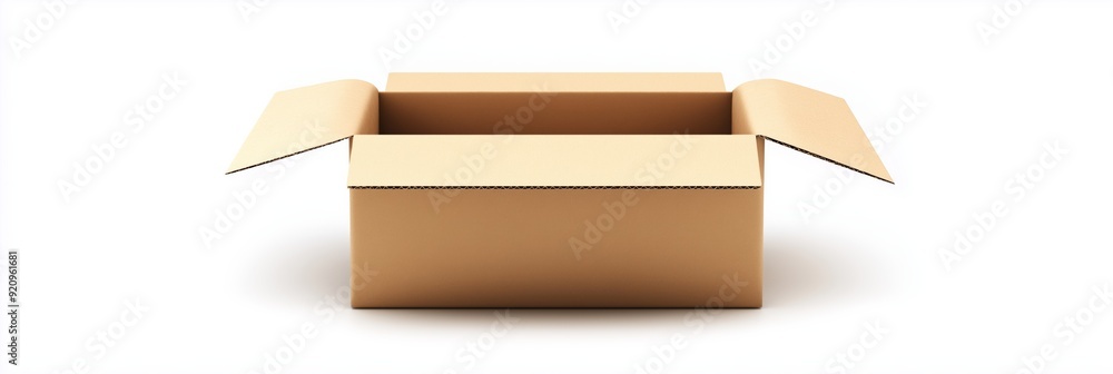 Poster a cardboard box is open and empty. the box is brown and has a white background