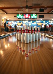 Bowling pins in a perfect triangle, reflected on the lane, surrounded by the energy of players and spectators.






