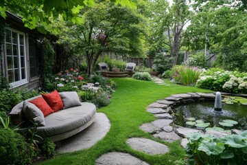 This serene backyard features a cozy seating area with cushions, vibrant flowers, and a tranquil pond enhancing the garden&rsquo;s natural beauty