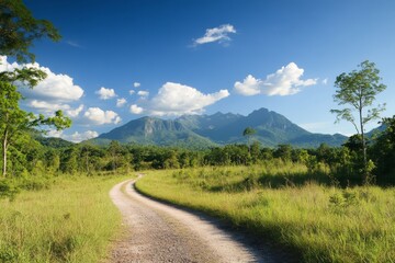 Fototapeta premium A winding gravel path cuts through a vibrant forest, flanked by tall trees and leading toward distant mountains beneath a bright sky