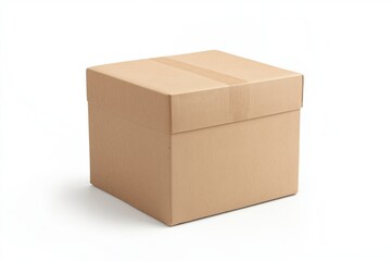 Fototapeta premium A cardboard box is sitting on a white background. The box is brown and has a white border