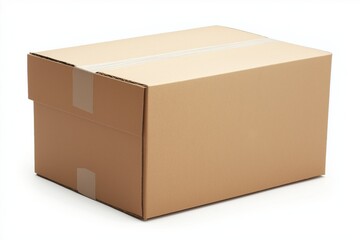 A cardboard box with a white background. The box is empty and has a white tape on the top