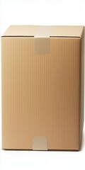 A cardboard box with a white background. The box is brown and has a white tape on it