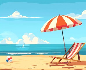 Beach umbrella with lounge chair and ball on summer beach background flat vector illustration.