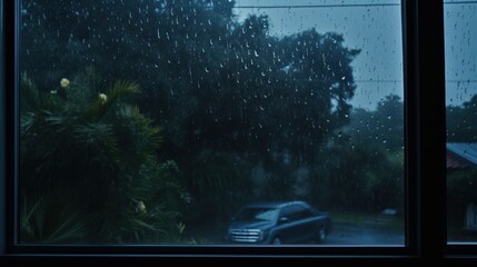 Rainy Day View Through Window With Raindrops, Car, and Greenery.