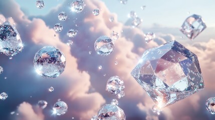 Fototapeta premium Glittering diamonds within 3D rain drops fall from a futuristic cloud background, creating a scene of opulent beauty