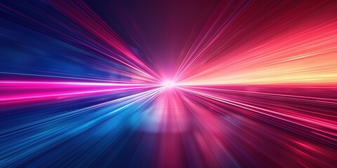 Abstract background with bright pink, blue and yellow lines converging to a central white light.