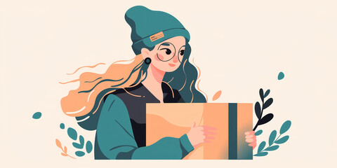Banner with delivery girl in blue jacket and beanie holding a cardboard box on a white background. Shipping Service. Modern logistic. For ecommerce, delivery service brand, youth oriented ads