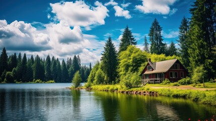 Fototapeta premium Red cabin nestled in a forest by a calm lake on a sunny day.
