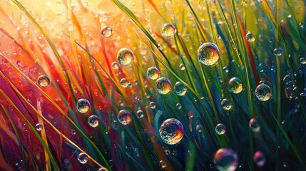 Morning dew bubbles shimmering on lush, colorful grasses, creating a magical scene