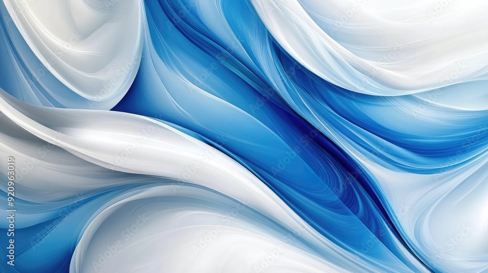 Poster smooth and dynamic blue and white diagonal rounded lines forming an abstract, flowing background