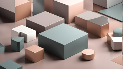 Fototapeta premium A simple yet sophisticated 3D rendering of geometric shapes arranged in a balanced composition, with muted colors and soft lighting, ideal for a clean and modern presentation background.