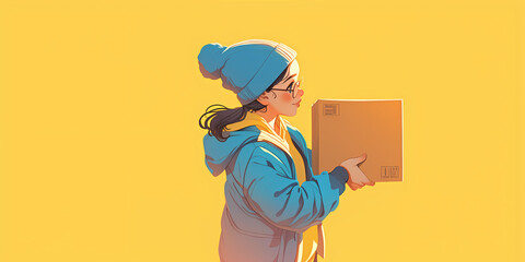 Banner with delivery girl in blue jacket and beanie holding a cardboard box on a yellow background. Shipping Service. Modern logistic. For ecommerce, delivery service brand, youth oriented ads