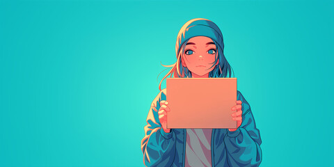 Banner with delivery woman in blue hat and blue jacket carry package for ship service. Isolated on blue background. Concept for logistic company, brand, ecommerce, mobile app. 