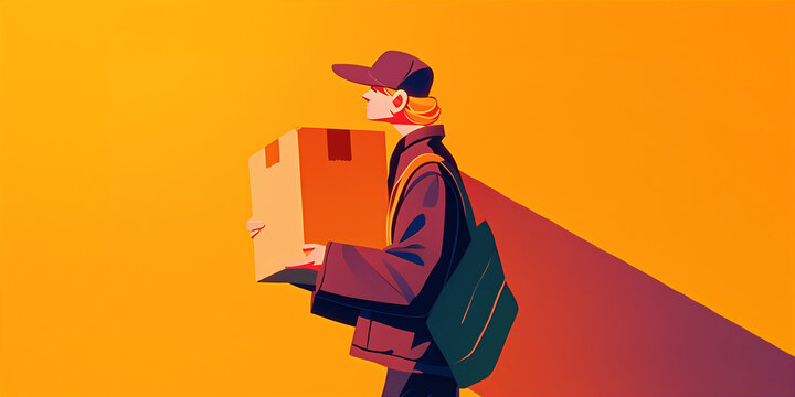 Stylized delivery person with package against orange background. Concept for urban logistic, youth oriented courier service, modern e commerce delivery solution