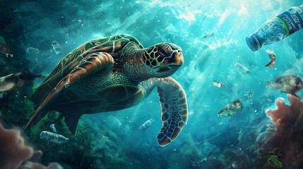 Fototapeta premium A sea turtle swimming with plastic bottles in the polluted ocean with rubbish and garbage. Sea microplastic pollution, environmental problems, global environmental changes. 