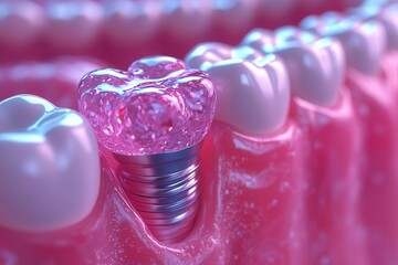 hyperrealistic dental implant closeup titanium post fuses with jawbone pearlescent tooth crown gleams soft pink gums