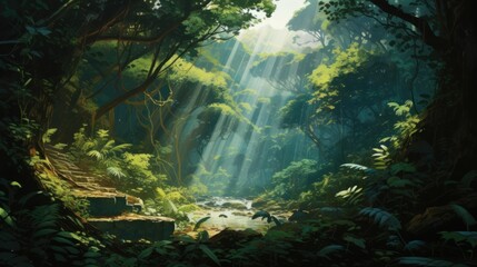 Obraz premium Sun beams through the dense foliage of a lush jungle with a small creek flowing through it.