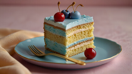 Close-up of a slice of layered cake on a light blue plate with a gold rim. The cake has alternating layers of light yellow sponge and blue frosting, topped with a smooth layer of blue icing. 