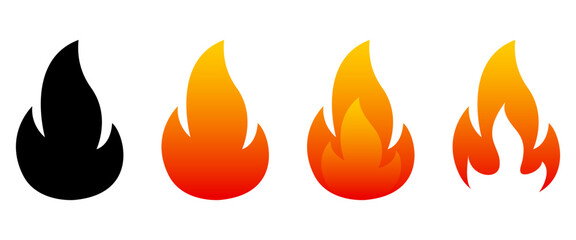 Flame set. Vector gradient fire icons. Flat illustration isolated on white background.