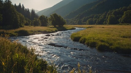 A peaceful view of a river winding through a meadow.