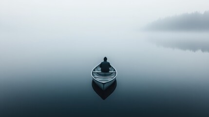A lone boat drifts in a calm, misty lake surrounded by dense fog, evoking a strong sense of peace, solitude, and serene beauty in a minimalist natural setting.