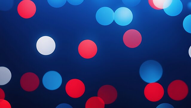 Bokeh abstract background with blue, white and red circles on a dark blue backdrop. Defocused light effect for festive design, print, and creative projects