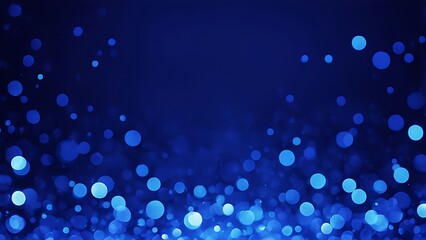 Abstract blue bokeh lights on dark indigo background. Blurred glowing circles. Festive holiday and celebration concept. Design for wallpaper, poster, banner and greeting card with copy space