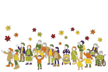 横並びの多世代の人々と紅葉のゆるいイラスト（セット）
