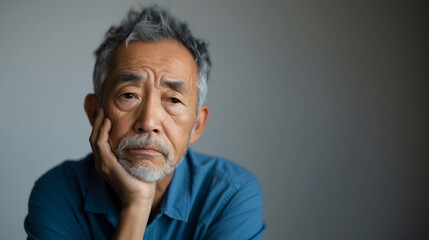 An older Asian man with a have a toothache, holding his cheek, wearing a blue shirt, and appearing weary.