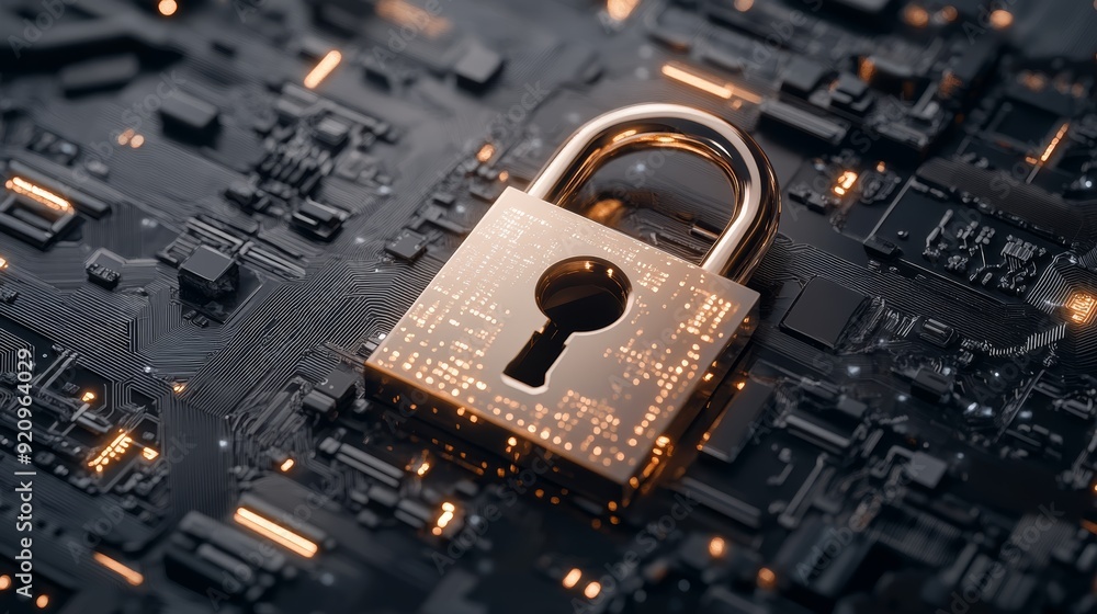 Poster a golden padlock sits atop a circuit board, representing cybersecurity and data protection.