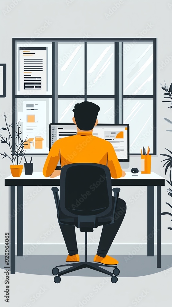 Poster Man Working on Computer at Desk.
