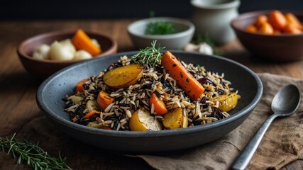 Fototapeta premium Side dishes of roasted root vegetables and wild rice pilaf add depth and satisfying earthiness to the meal.