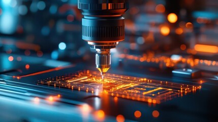Close-up of a robotic arm soldering a circuit board.