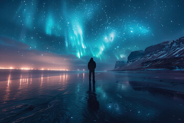 Fototapeta premium Man standing on the beach. Arctic winter landscape with snowy mountains. Northern lights, Milky Way and stars in the sky.