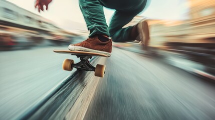 A skateboarder is captured mid-trick, highlighting his sneakers and the vibrant motion, representing the essence of urban skate culture and youthful exuberance.