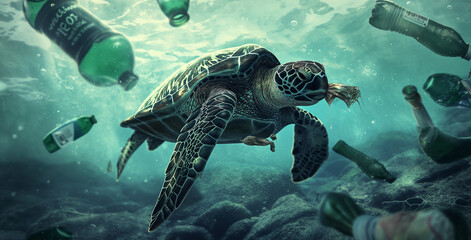 Fototapeta premium A sea turtle swimming with plastic bottles in the polluted ocean with rubbish and garbage. Sea microplastic pollution, environmental problems, global environmental changes. 
