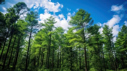 Fototapeta premium Tall, slender pine trees stand densely in a lush forest, reaching towards a bright blue sky with fluffy white clouds.