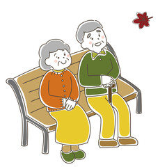 ベンチに座って紅葉を楽しむシニア夫婦のゆるいイラスト
