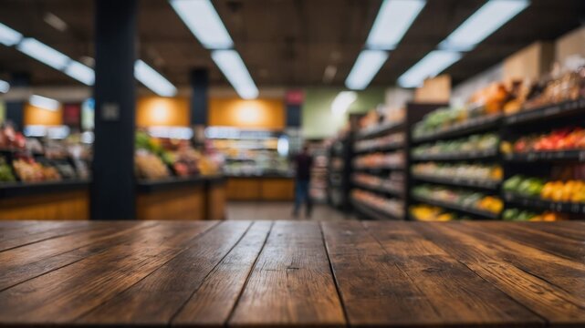 empty wooden table using blur beautiful grocery store background.
