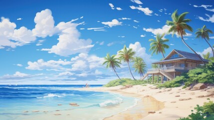 Obraz premium Tropical Beach House with Palm Trees and Blue Sky.