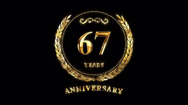 67th Anniversary Celebration. Happy 67 Years Anniversary Animation in Gold Color on the Transparent Background, Alpha Channel. Great for greetings, celebrations, events, and gifts.