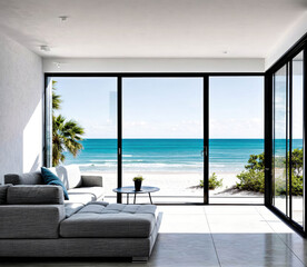 A large, modern living room with a large window overlooking the ocean
