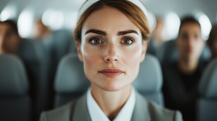A flight attendant in a grey uniform appears deeply focused, staring straight ahead in the airplane cabin, portraying professionalism and readiness to assist passengers.