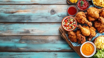 Fototapeta premium Southern-style fried chicken on a picnic table with sides and condiments. Ample copy space at the top.