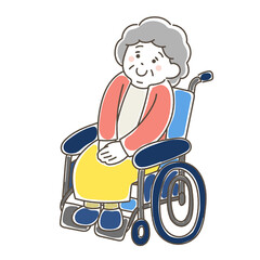 上を見上げる車いすシニア女性のゆるいイラスト
