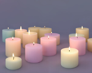 A collection of various lit wax candles of different sizes and colors. 3d illustration render. Warm and calming ambiance. Pastel colors.