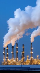 The oil refinery stands tall at dusk, with smoke billowing from chimneys and glowing lights piercing the dark, cloudy sky, reflecting industrial solitude